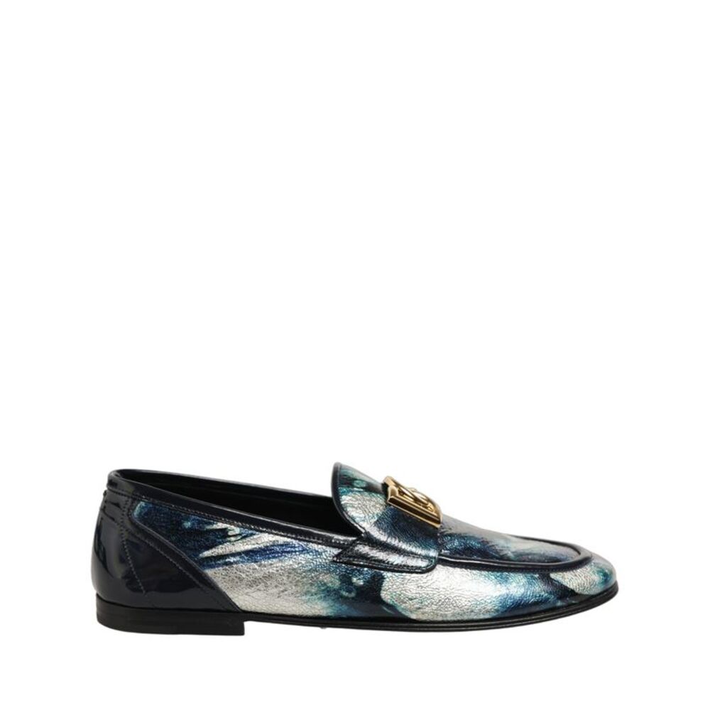 Dolce & Gabbana Metallic Blue Silver Leather DG Loafers Men's Shoes